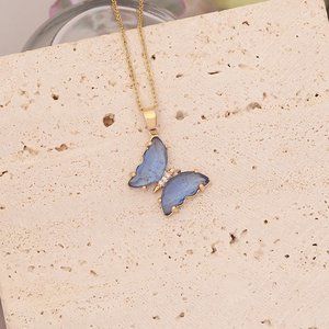 Gold Colored Butterfly Necklace-Sapphire Blue